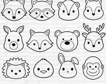 Woodland Animal Face Outline SVG, Cute Animal SVG bundle Cut file Cricut, Wolf Raccoon Skunk Kangaroo Fox Bear Deer Bunny Bird Silhouette