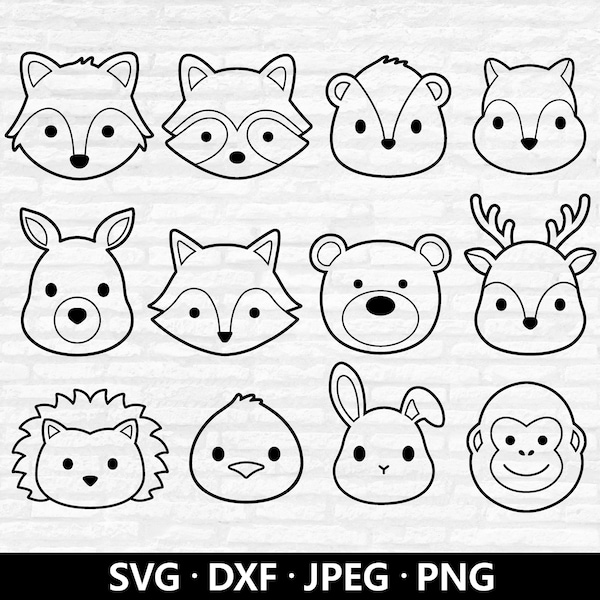 Woodland Animal Face Outline SVG, Cute Animal SVG bundle Cut file Cricut, Wolf Raccoon Skunk Kangaroo Fox Bear Deer Bunny Bird Silhouette