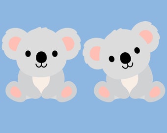 Könnte beinhalten: Zwei Cartoon-Koalas in sitzender Position, mit grauen Körpern, rosa Ohren und Füßen sowie schwarzen Augen und Nasen. Der Hintergrund ist hellblau. Der untere Teil des Bildes enthält den Text "SVG • DXF • PNG" in Weiß.