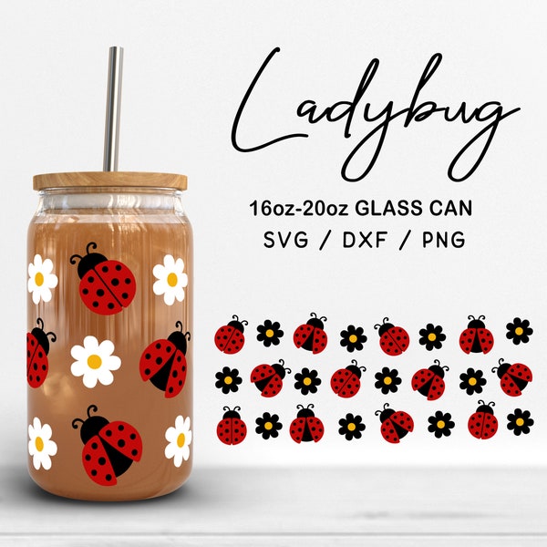 Libbey Glass 16oz | 20oz Ladybug Svg Files for Cricut, Daisy Flower Svg, Ladybugs Print Svg, Bugs Glass can Wrap Digital Files Silhouette