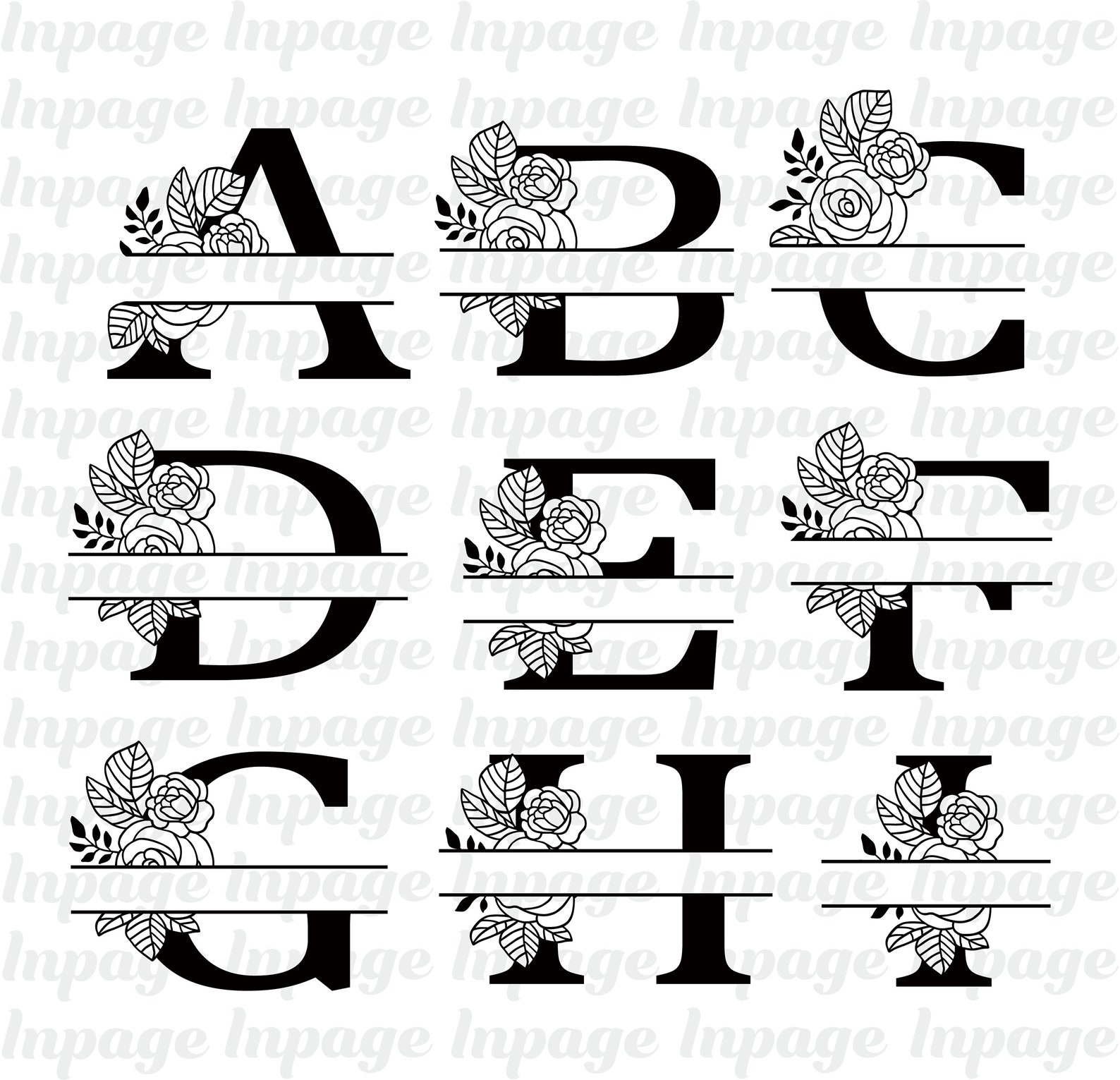 Rose Split Alphabet SVG: Floral Monogram Letters, Name Frame Cut File ...