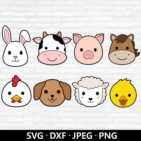 Farm Animal Faces SVG, Animal Cricut cut files, Farm Bundle svg, Cow Face svg, Nursery Clip Art, Pig Horse Chicken Duck Svg files for Cricut