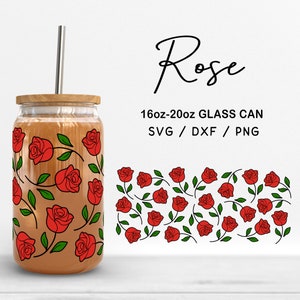 ガラス 16 オンス | 20 オンス ローズ SVG ファイル、ローズ ガラス ラップ カット ファイル、花のクリップアート、ローズ プリント DXF、ローズ フラワー パターン SVG デジタル ダウンロード