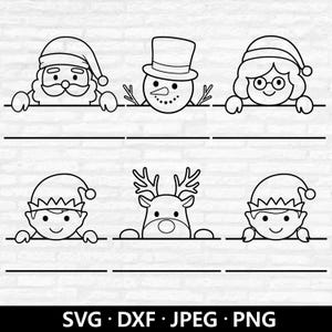 May include: A black and white line drawing featuring festive Christmas characters: Santa, a snowman, Mrs. Claus, an elf, and a reindeer. Each character is depicted in a simple, cartoon style, with a line beneath each. The image also includes the text "SVG • DXF • JPEG • PNG".