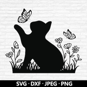 Gato Borboleta Flor SVG, Spring Cat Png, Wildflower Clipart, Floral Cat SVG, Kitten Playing DXF, Floral Animal Cut files Download digital
