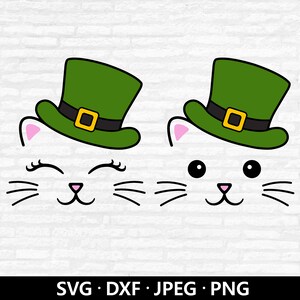 May include: Two cartoon cat faces with green St. Patrick's Day hats. One cat has closed eyes and eyelashes, the other has open eyes. Both have pink inner ears, whiskers, and pink noses. The image includes the text "SVG • DXF • JPEG • PNG".