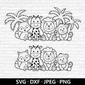 May include: Black and white line art of a fox, giraffe, lion, and monkey, with palm trees in the background. The animals are smiling. The bottom of the image has the text "SVG • DXF • JPEG • PNG".