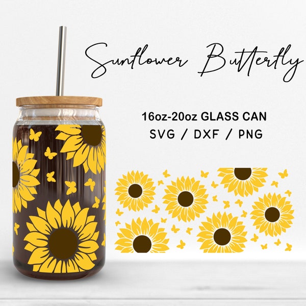 Libbey Glas 16 Unzen | 20 Unzen Sonnenblume Schmetterling Svg-Dateien, Sonnenblume Glas Wrap, Schmetterling Clipart, Sonnenblume Druck Digitale Dateien für Cricut