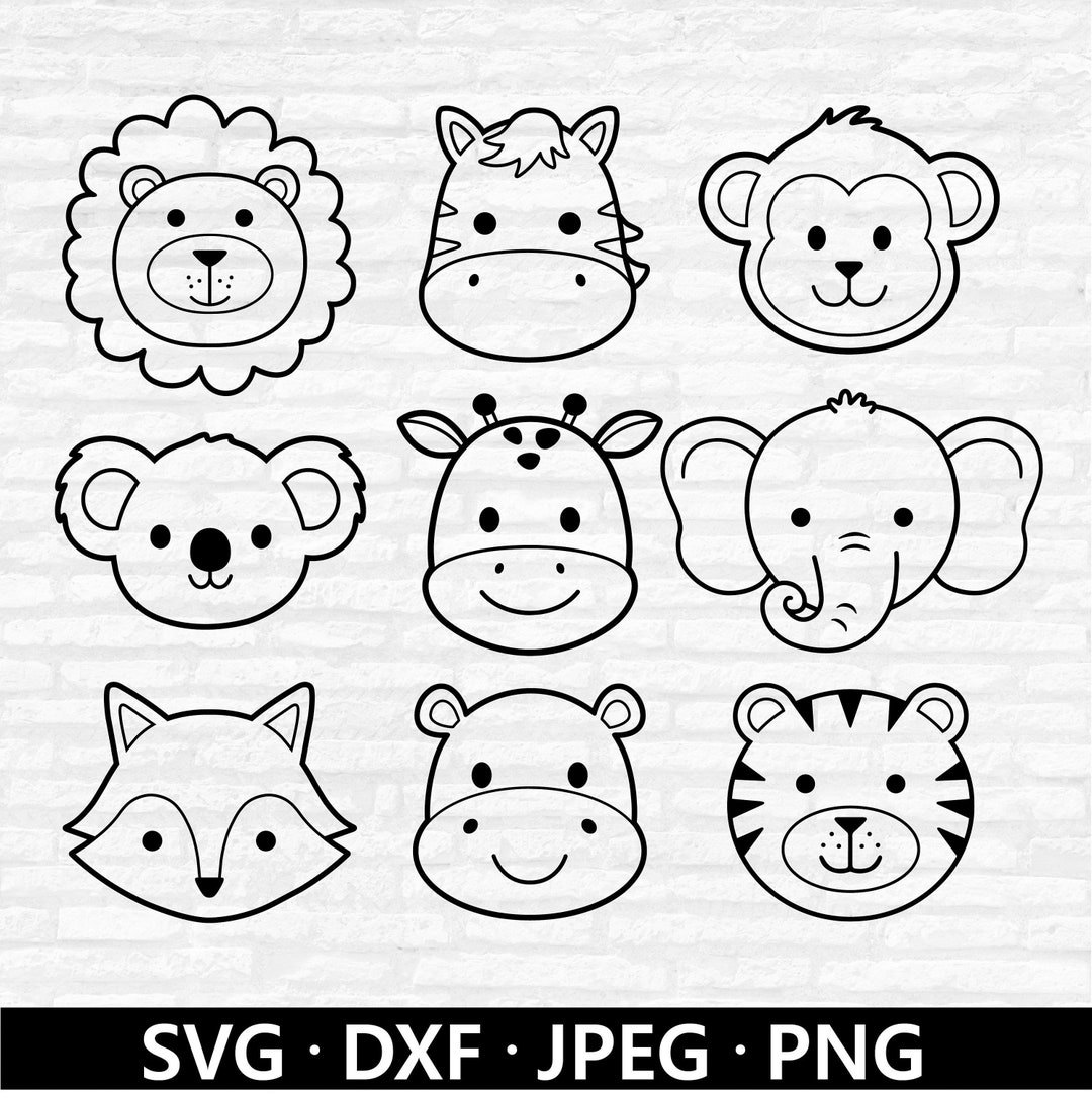 Safari Animal Faces SVG Animal Face Outline Cricut Jungle Etsy