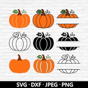Puede incluir: Una colección de nueve gráficos de calabazas dispuestos en una cuadrícula, con diseños en naranja sólido, negro y líneas blancas, incluyendo calabazas de estilo dividido para personalizar, con el texto SVG, DXF, JPEG, PNG en la parte inferior.