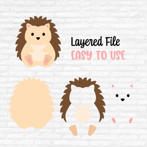 May include: A digital illustration of a cartoon hedgehog in various poses. The hedgehog is brown and tan with pink accents. The text "Layered File EASY TO USE" is displayed in black and pink.