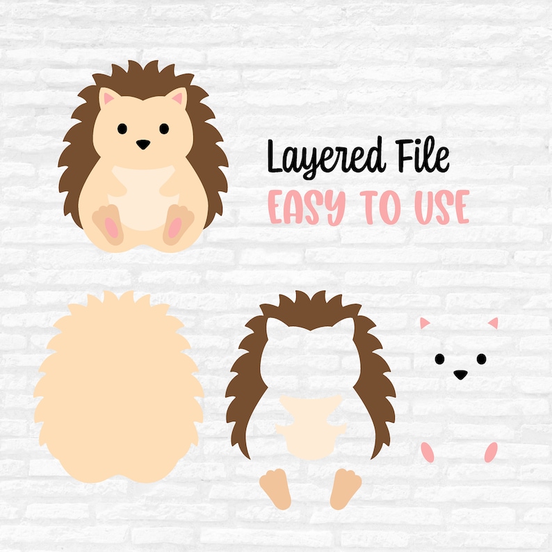 May include: A digital illustration of a cartoon hedgehog in various poses. The hedgehog is brown and tan with pink accents. The text "Layered File EASY TO USE" is displayed in black and pink.