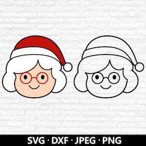 Mme Claus visage SVG, fichier en couches mignon père Noël, drôle Mme père Noël tête des cliparts, chemise d'hiver de Noël vacances coupe fichiers téléchargement numérique