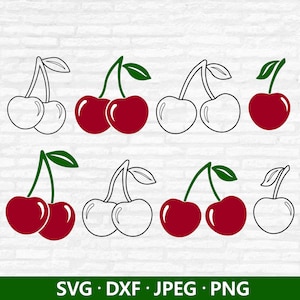 Cereza SVG, Vector de frutas de verano, Paquete de cerezas Dxf, Imágenes prediseñadas de cerezas, Impresión de cereza PNG, Archivos de corte de contorno de cereza Descarga digital