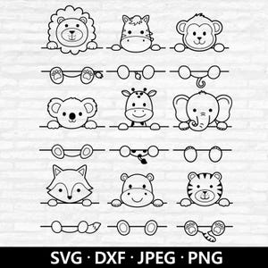 Safari Tier Monogramm SVG, süßes Tier Bundle, Name Rahmen PNG, Tier Clipart, Löwe Koala Affe Fuchs Elefant Schnittdateien digitaler Download