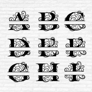 May include: Black metal monogram letters A through L, each split horizontally with decorative scrollwork. The letters are displayed against a white brick wall background. The design is suitable for home decor or personalized gifts.