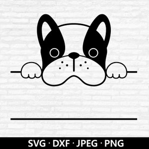 Französische Bulldogge Monogramm SVG, süße Frenchie Welpen Schnittdatei, spähender Bulle Hund, Baby Hund Kinder Name Rahmen Monogramm Schnittdateien Digitaler Download
