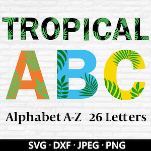 Tropische bladeren alfabet SVG, tropische lettertypeletters, tropische bladeren clipart, botanische letters, botanische alfabet Gesneden bestanden digitale download