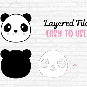 May include: A layered file design featuring a panda face in three variations: a full-color panda, a black silhouette, and an outline. The text "Layered File EASY TO USE" is displayed in black and pink.