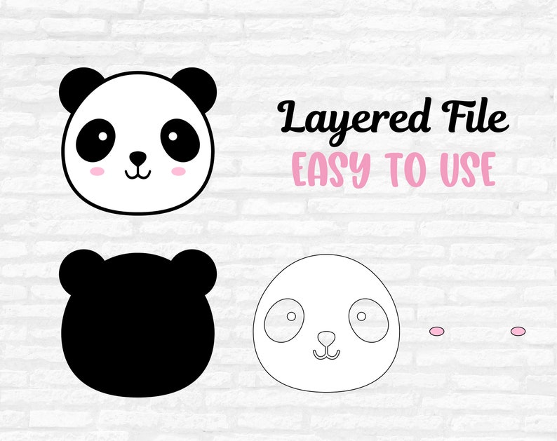 May include: A layered file design featuring a panda face in three variations: a full-color panda, a black silhouette, and an outline. The text "Layered File EASY TO USE" is displayed in black and pink.