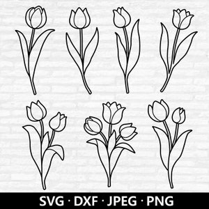 Tulip Outline SVG, Pacchetto SVG di tulipani, file di taglio di fiori di primavera, vettore floreale, clipart di tulipani, file di taglio di bouquet di tulipani Download digitale