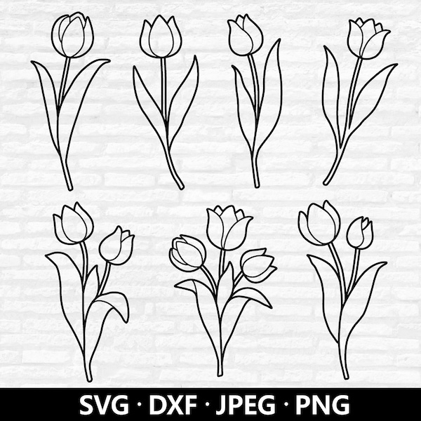 Tulip Outline SVG, Tulips SVG Bundle, Spring Flower Svg, Floral Cut Files Cricut, Tulip Clipart, Tulip Bouquet Silhouette Digital Download