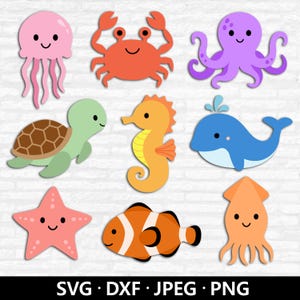 Zeedieren SVG-bundel, oceaandieren, babyshower png, octopus, zeepaardje, dolfijn, schildpad, zeedieren gesneden bestanden digitale download