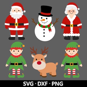 Clipart Noël, lot de mignon père Noël SVG, vecteur de Mme Claus, renne PNG, Noël hiver bonhomme de neige vacances ornement coupe fichiers téléchargement numérique