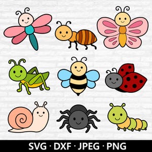 May include: A collection of nine cartoon insects, including a dragonfly, ant, butterfly, grasshopper, bee, ladybug, snail, spider, and caterpillar. Each insect is drawn with bold outlines and bright colors, with a smiling face. The image includes the text "SVG • DXF • JPEG • PNG".