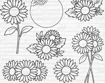 Sunflower Outline SVG Bundle: Bouquet Vector Clipart, Floral Cut File (Digital Download)