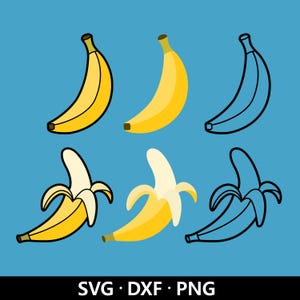 Banane SVG-Bundle, Geschälte Banane PNG, Tropische Früchte Vektor, Banane Clipart, Sommerfrucht Banane Umriss Linie Kunst Schnittdateien Digitaler Download