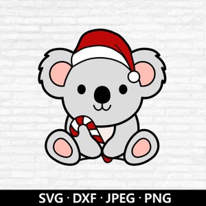 May include: A cartoon koala wearing a red and white Santa hat, holding a red and white candy cane. The koala is gray with pink accents on its ears and feet. The image includes the text "SVG • DXF • JPEG • PNG".