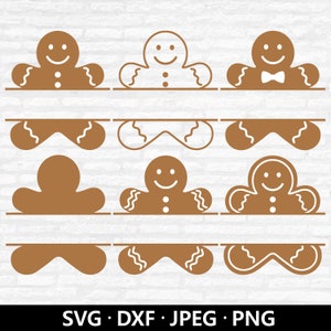 Puede incluir: Diseños de hombre de jengibre en varios estilos. Cada diseño presenta un hombre de jengibre sonriente con una línea horizontal debajo. Los diseños son en tonos marrones y blancos. La parte inferior de la imagen incluye el texto "SVG • DXF • JPEG • PNG."
