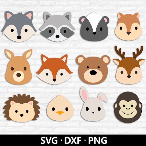 Woodland Animal Face SVG, Cute Animal SVG bundle, Forest Animal Cut files, Wolf Raccoon Skunk Kangaroo Fox Bear Deer Bunny Bird Silhouette