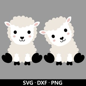 May include: Two cartoon sheep illustrations. The sheep have fluffy, off-white wool, pink ears and cheeks, and black hooves. The sheep are sitting, one straight and one tilted. The bottom of the image has the text "SVG • DXF • PNG".