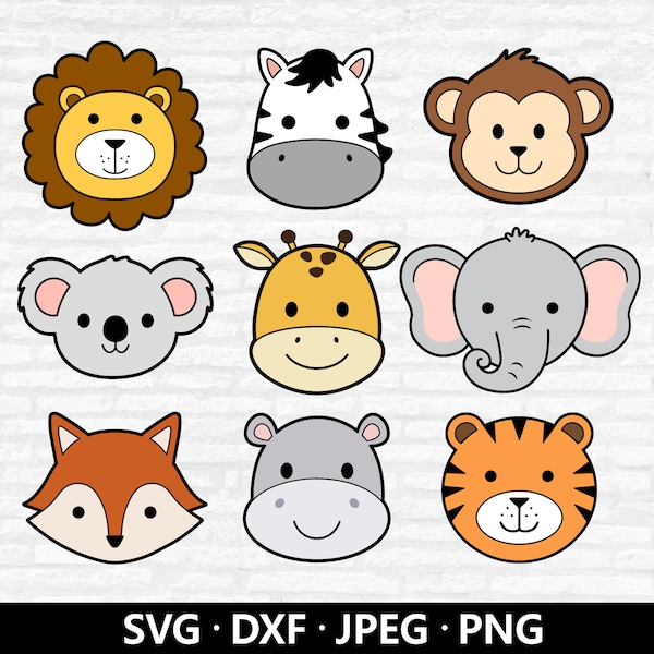 Safari Animal Faces SVG, Animal Face Svg, Jungle Animal head cut file Cricut, Lion Zebra Monkey Koala Giraffe Elephant Fox Hippo Tiger