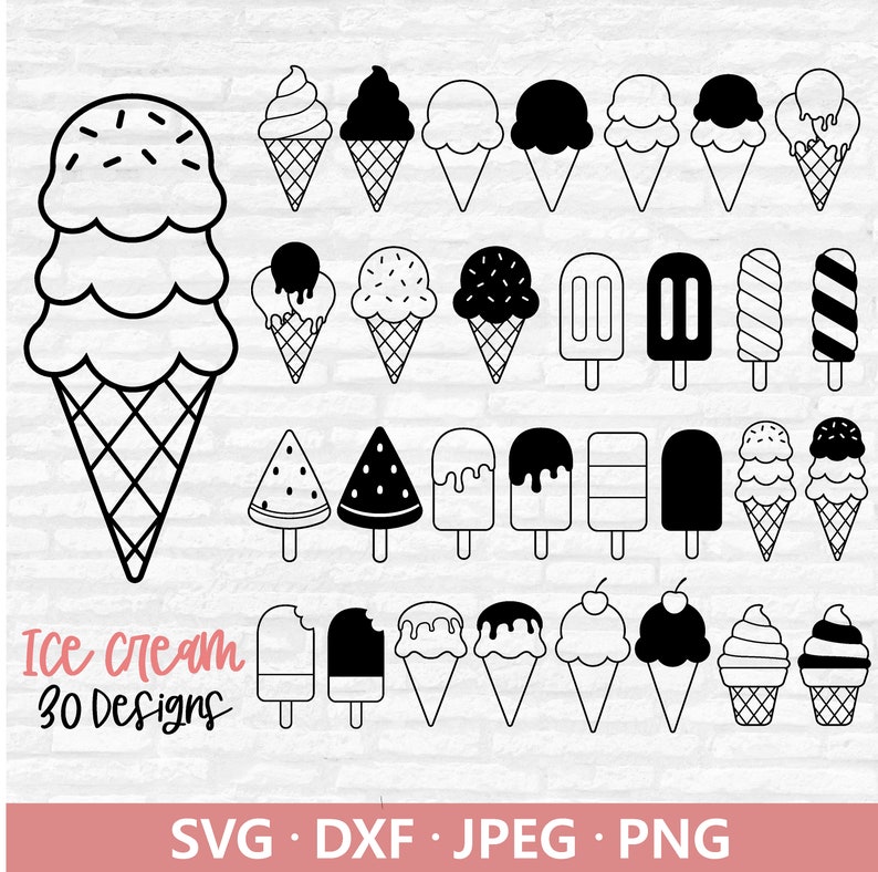 May include: Black and white line art of ice cream cones and popsicles. The image includes various designs of ice cream cones, popsicles, and ice cream scoops. Text reads "Ice cream 30 Designs" and "SVG . DXF . JPEG . PNG".