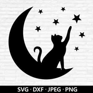 Lune et chat SVG, fichiers SVG chat, lune étoile Animal Svg, clipart chat mignon, chat avec étoile Svg, chat Design coupe fichiers téléchargement numérique