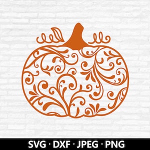 May include: An orange pumpkin design with intricate floral scrollwork. The pumpkin has a stem and a leaf. The bottom of the image displays the text "SVG • DXF • JPEG • PNG".