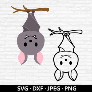 Wiszący nietoperz SVG, pliki do cięcia nietoperzy na Halloween, upiorny sezon, koszulka dziecięca PNG, wektor nietoperza, słodkie pliki do cięcia konturów zwierząt nietoperza do pobrania cyfrowego