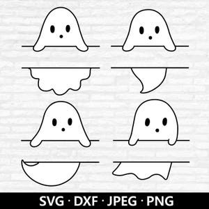 May include: A black and white digital illustration featuring six ghost designs. Each ghost has a simple, rounded shape with two oval eyes and a small dot for a mouth. The image includes the text "SVG • DXF • JPEG • PNG".
