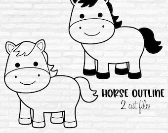 May include: Black and white horse outline graphic with two cartoon horses. The text "HORSE OUTLINE" and "2 cut files" is below the horses. The bottom of the image has the text "SVG • DXF • JPEG • PNG".