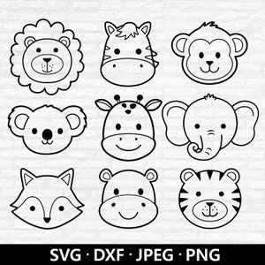 Caras de animales de Safari SVG, imágenes prediseñadas de contorno de cara de animal, archivo de corte de cabeza de animal de la selva, león cebra mono koala jirafa elefante descarga digital