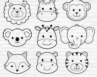 Safari Animal Faces SVG, Animal Face Outline Cricut, Jungle Animal head cut file, Lion Zebra Monkey Koala Giraffe Elephant Fox Hippo Tiger