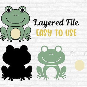 May include: A digital illustration featuring a green frog design with a cream-colored belly. The image includes a black frog silhouette, a frog outline, and the text "Layered File EASY TO USE" in black and yellow.