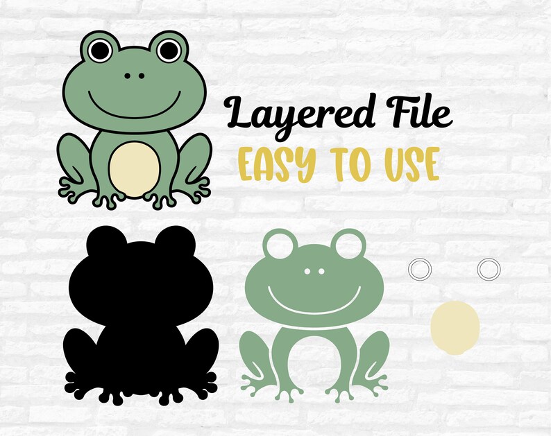 May include: A digital illustration featuring a green frog design with a cream-colored belly. The image includes a black frog silhouette, a frog outline, and the text "Layered File EASY TO USE" in black and yellow.