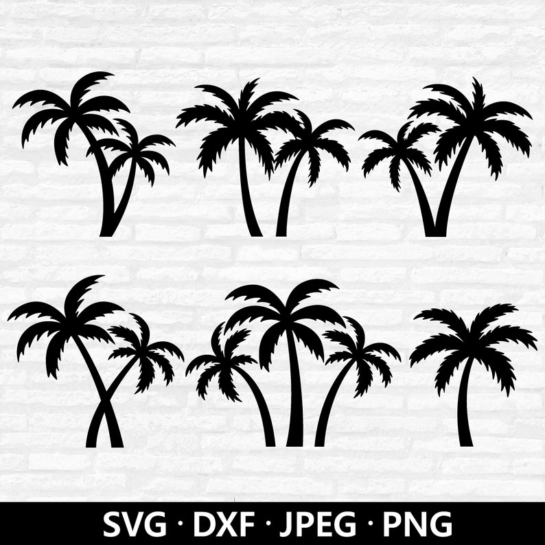 Puede incluir: Dise&ntilde;os de siluetas de palmeras negras en varios arreglos. La imagen presenta seis grupos diferentes de palmeras, perfectos para proyectos con tem&aacute;tica tropical. La parte inferior de la imagen incluye los tipos de archivo: SVG, DXF, JPEG y PNG.