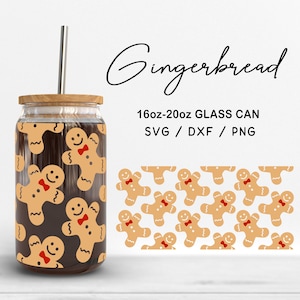 Glas 16 Unzen | 20 Unzen Lebkuchen-Svg-Dateien, Weihnachtsplätzchen Druckdose Glasverpackung SVG, niedliche Lebkuchenmuster-Schnittdateien digitaler Download
