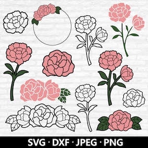 Puede incluir: Diseños de flores de peonía en rosa y negro, con tallos y hojas verdes. Algunos diseños están delineados, otros rellenos. La imagen incluye el texto "SVG • DXF • JPEG • PNG".