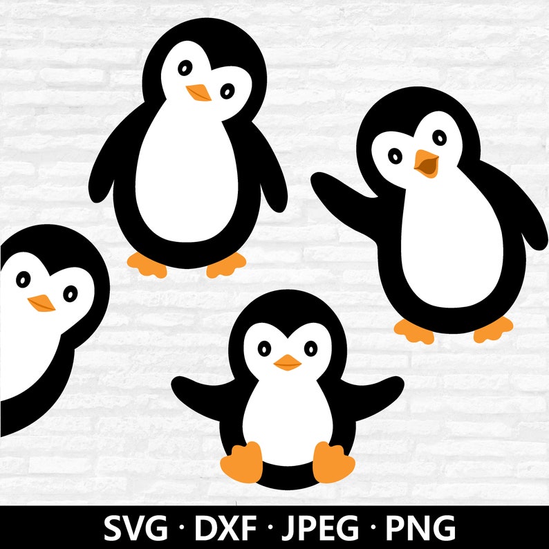 May include: A collection of cartoon penguins in black, white, and orange. The penguins are in various poses, some standing, one waving, and another with arms outstretched. The image includes the text "SVG &bull; DXF &bull; JPEG &bull; PNG" at the bottom.
